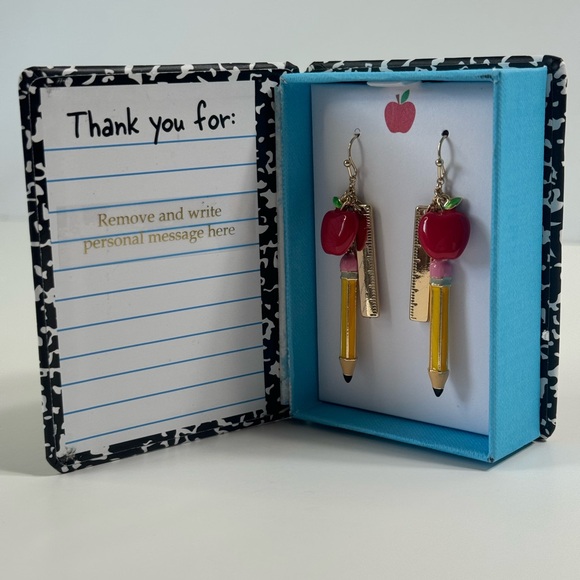 Betsey Johnson Back to School NotebkGold Tone Ruler Pencil W/Apple Earrings NIB - Picture 6 of 15